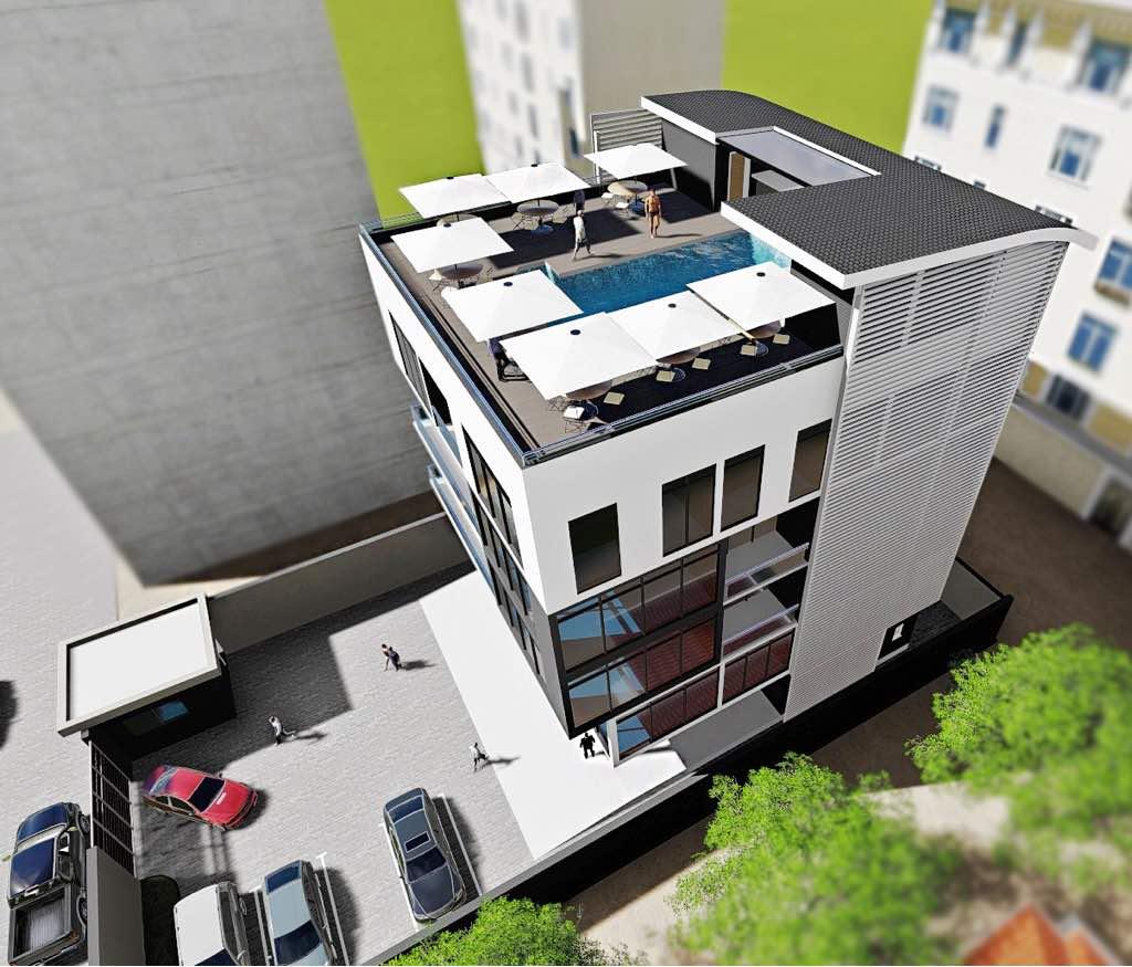 Aerial architectural render — rooftop development